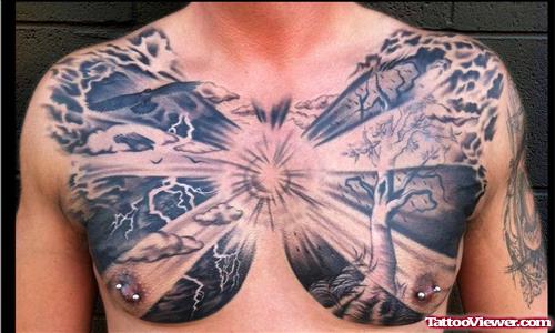 Grey Ink Clouds With Tree And Flying Bird Chest Tattoo