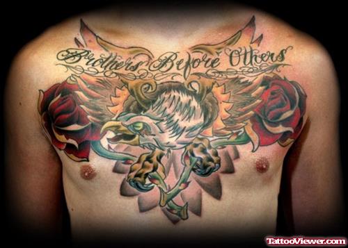 Red Rose Flowers And Eagle Chest Tattoo For Men