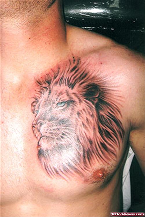 Grey Ink Lion Head Chest Tattoo