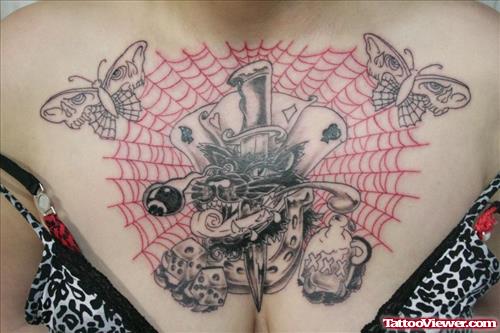 Flying Butterflies And Spiderweb With Dagger Panther Head And Dice Chest Tattoo
