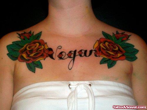Vegan And Red Rose Flowers Chest Tattoo