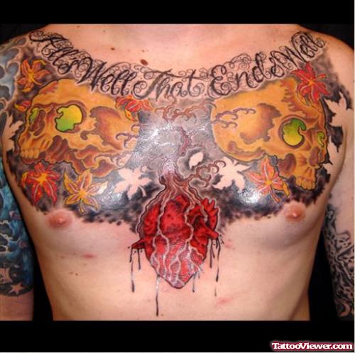 Skulls And Red Heart Chest Tattoo
