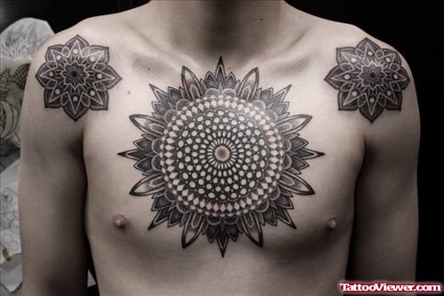 Mandala Shoulder And Chest Tattoo