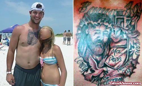 Jesus Head With Crest Chest Tattoo