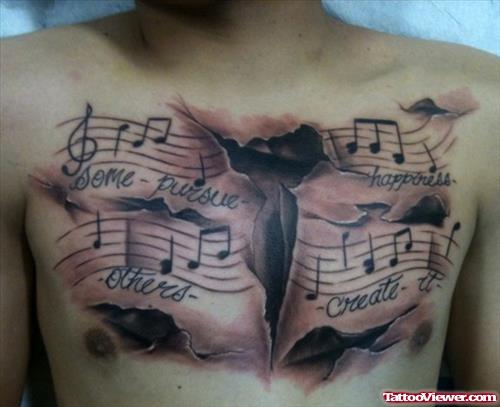 Grey Ink Music Notes Chest Tattoo For Men