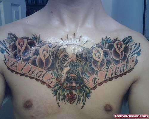 Rose Flowers And Dog Head Chest Tattoo