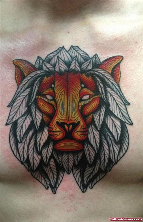 Lion Head And Grey Ink Wings Chest Tattoo