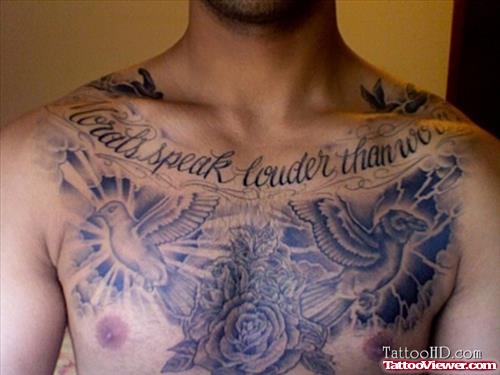 Lettering Flying Birds And Rose Chest Tattoo