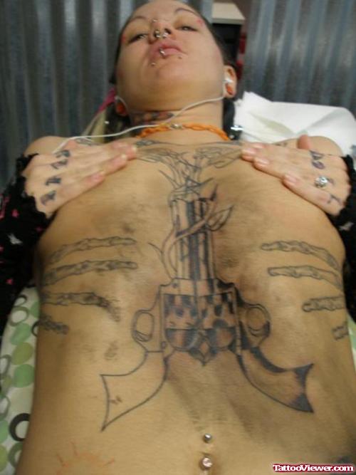 Grey Ink Pistols Tattoos on Girl Chest
