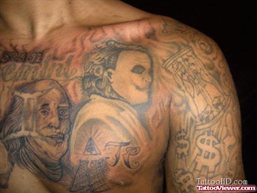 Grey Ink Joker Chest Tattoo For Men