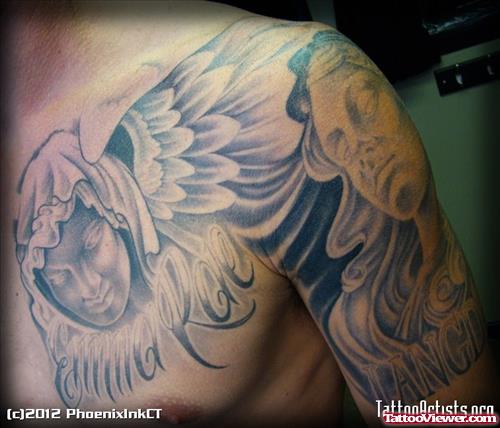 Grey Ink Angel Head Chest Tattoo
