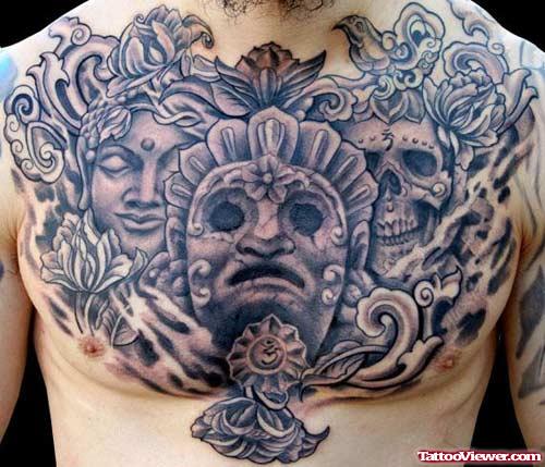 Grey Ink Acient Chest Tattoo