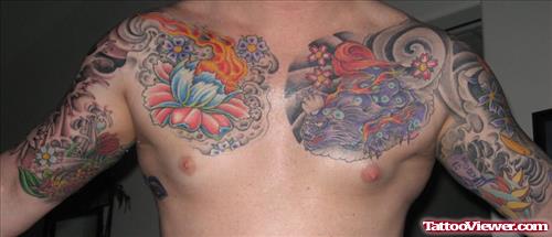 Dragon And Flaming Lotus Flower Chest Tattoo