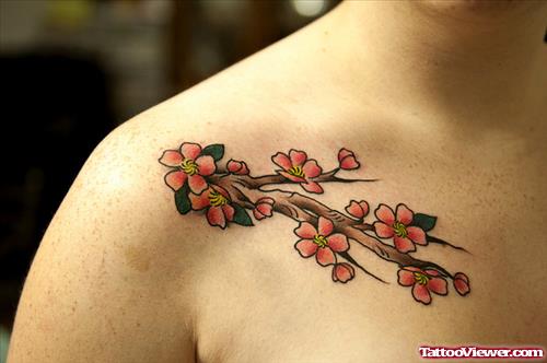 Cherry Blossom Flowers Chest Tattoo