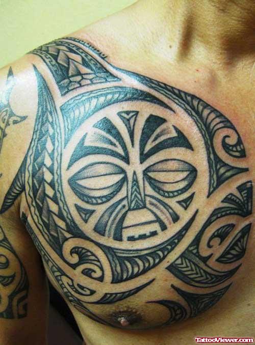 Black Ink Maori Chest Tattoo