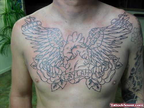 Winged Human Heart And Rose Flowers Chest Tattoo