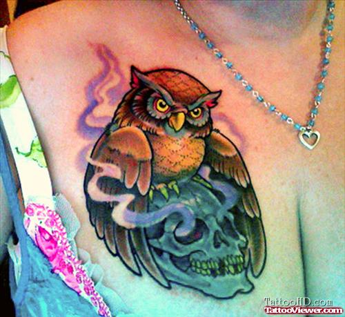 Owl Sitting On Skull Chest Tattoo For Girls