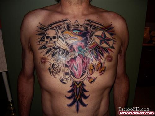 Human Heart And Bike Engine Tattoo On Chest