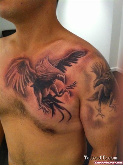 Flying Eagle Grey Ink Chest Tattoo