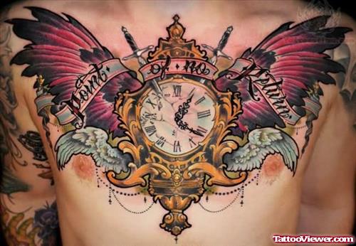 Winged Clock Tattoo On Chest