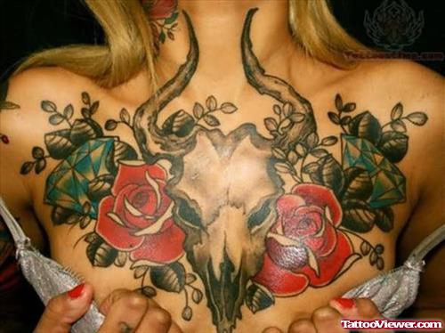 Goat Skull And Rose Tattoo On Chest