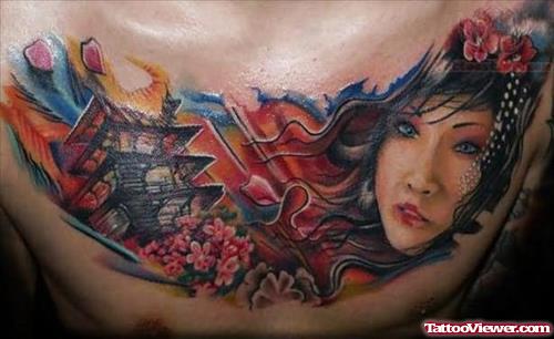 Geisha Color Tattoo On Chest