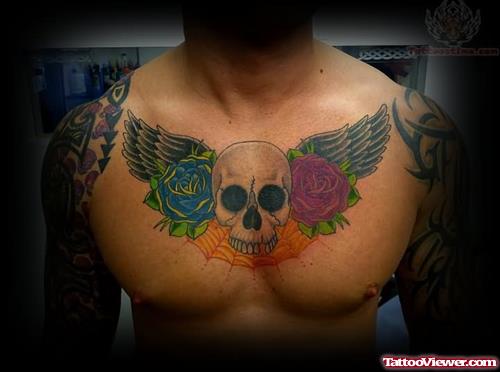 Winged Skull And Rose Tattoo On Chest