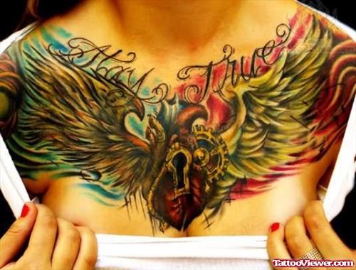 Winged Lock Heart Tattoo On Chest