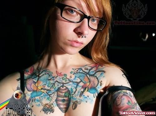 Birds And Bee Tattoos On Girl Chest