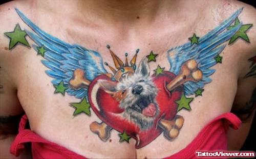 Winged Red Heart Tattoo On Chest