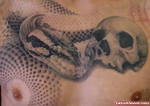 Snake And Skull Tattoo On Chest