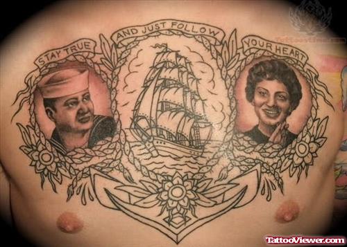 Anchor And Banner Tattoo On Chest