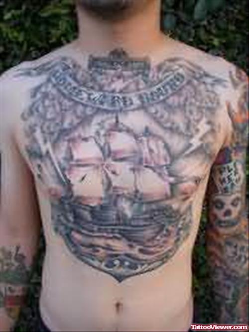 Big Ship Tattoo On Chest