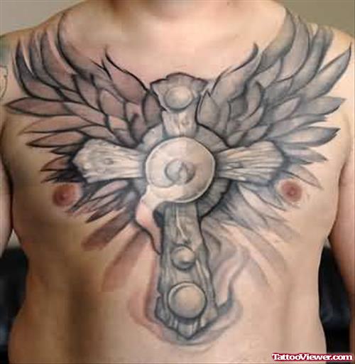Cross Wing Tattoo On Chest