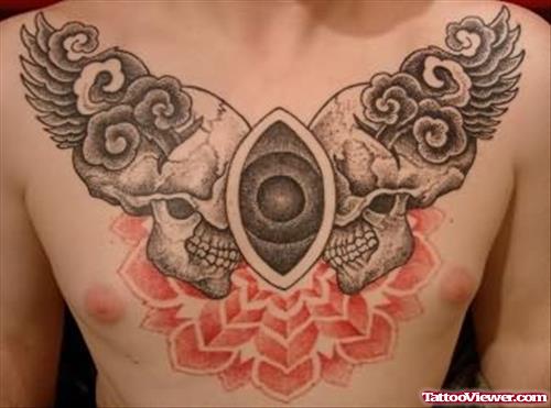 Skull Wing Tattoo On Chest