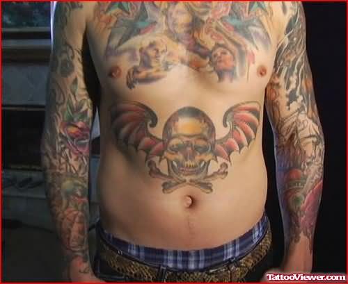 Skull and Wings Tattoo On Chest Of Men