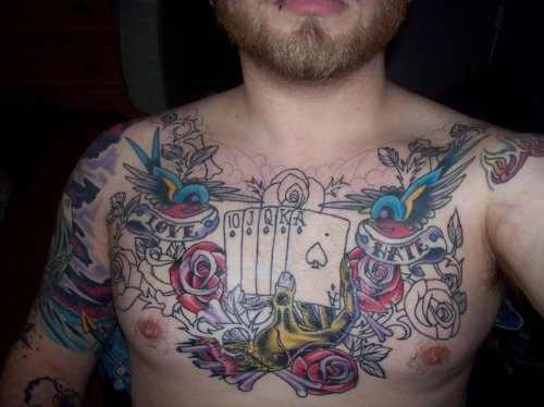 Red Rose Flowers And Cards Chest Tattoo For Men