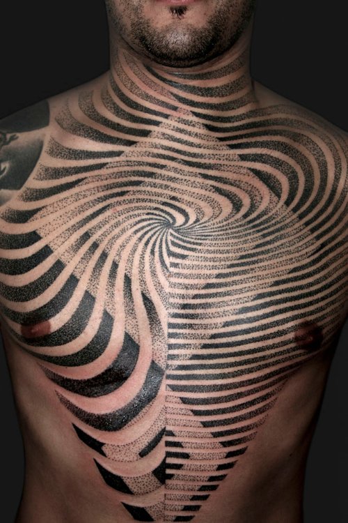 Black Ink Spiral Chest Tattoo
