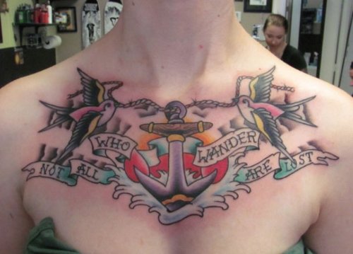 Flying Birds And Anchor Color Ink Chest Tattoo