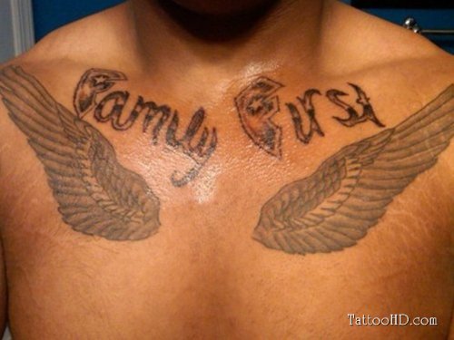 Family First And Angel Wings Chest Tattoo