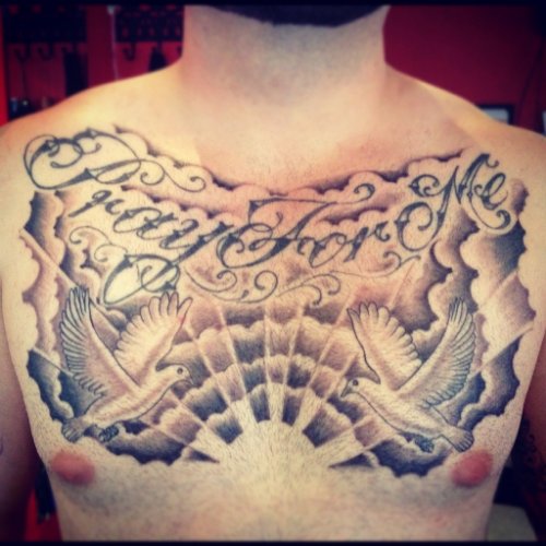 Pray For Me and Flying Doves Chest Tattoo