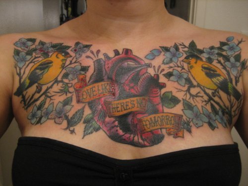 Goldfinch Birds With Human Heart And Flowers Tattoo On Chest