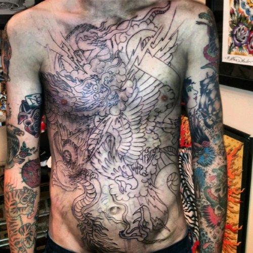 Outline Hawk And snake Chest Tattoo