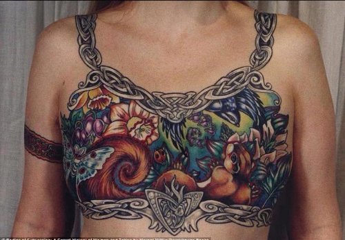 Colored Ink Forest And Chest Tattoo