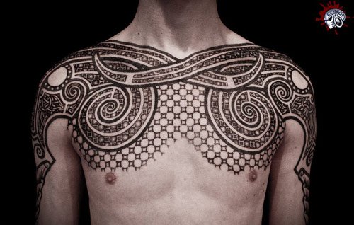 Grey Ink Tribal Dotwork Chest Tattoo For Men