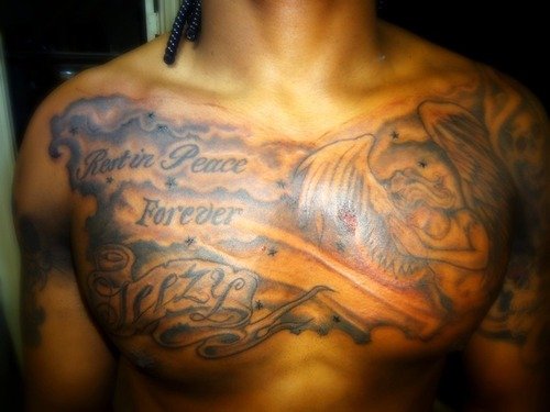 Rest In Peace Forever - Praying Angel Gry Ink Chest Tattoo