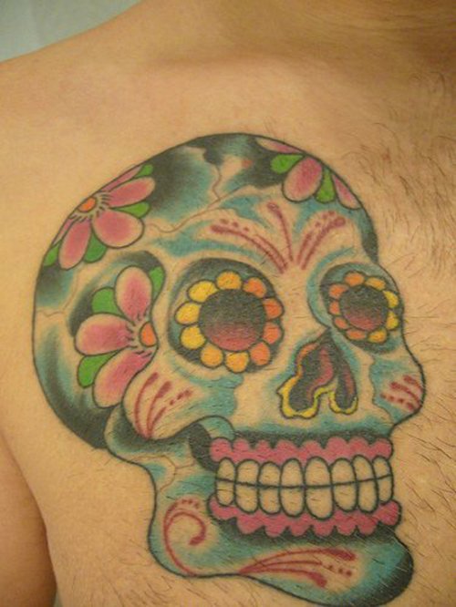 Color Ink Sugar Skull Chest Tattoo