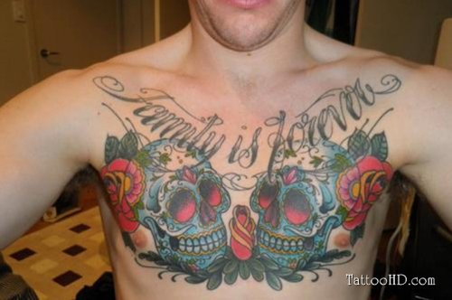 Colored Skulls And Rose Chest Tattoo