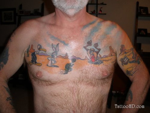 Colored Ink Bunny, Taz And Cartoons Colored Ink Chest Tattoo