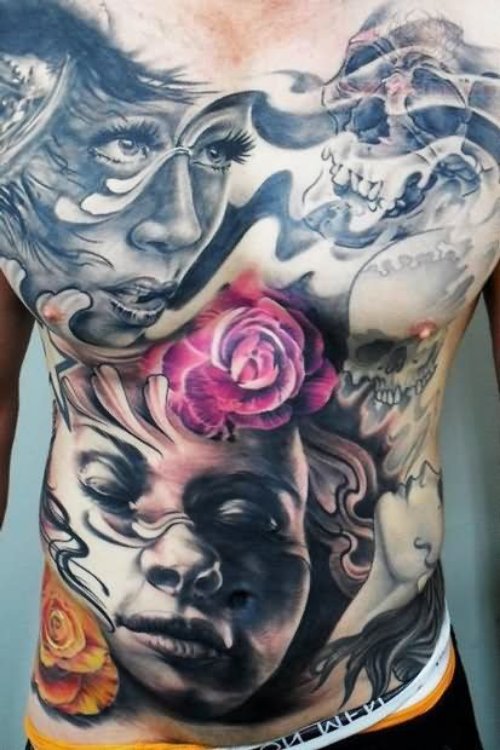 Grey Ink Girl Tattoo On Chest